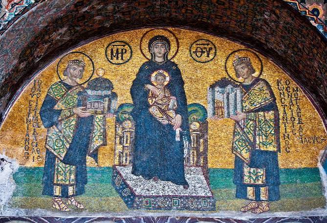Hagia Sophia mosaic of the Theotokos and Christ between Constantine and Justinian