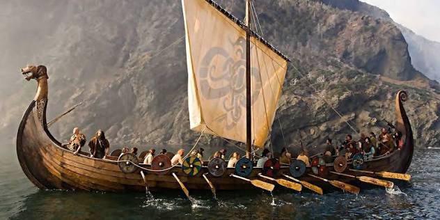 Modern illustration of a Norse ship near a rocky coast