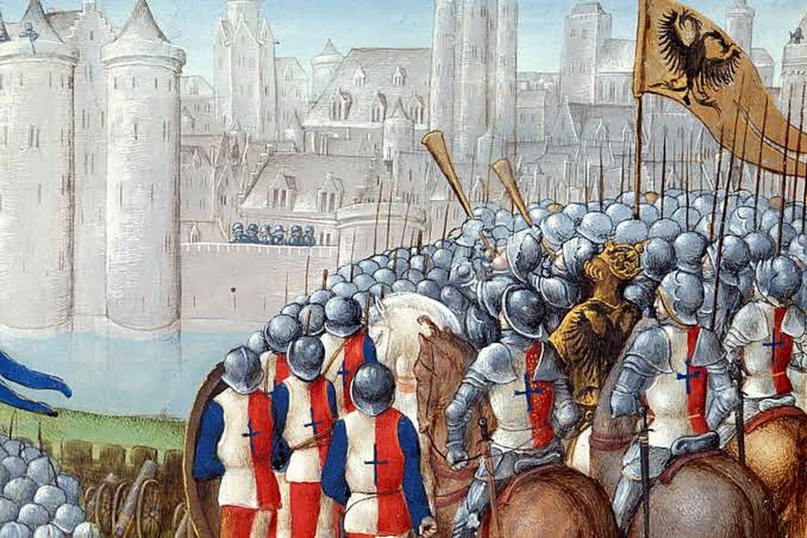 An army on the march with its banners